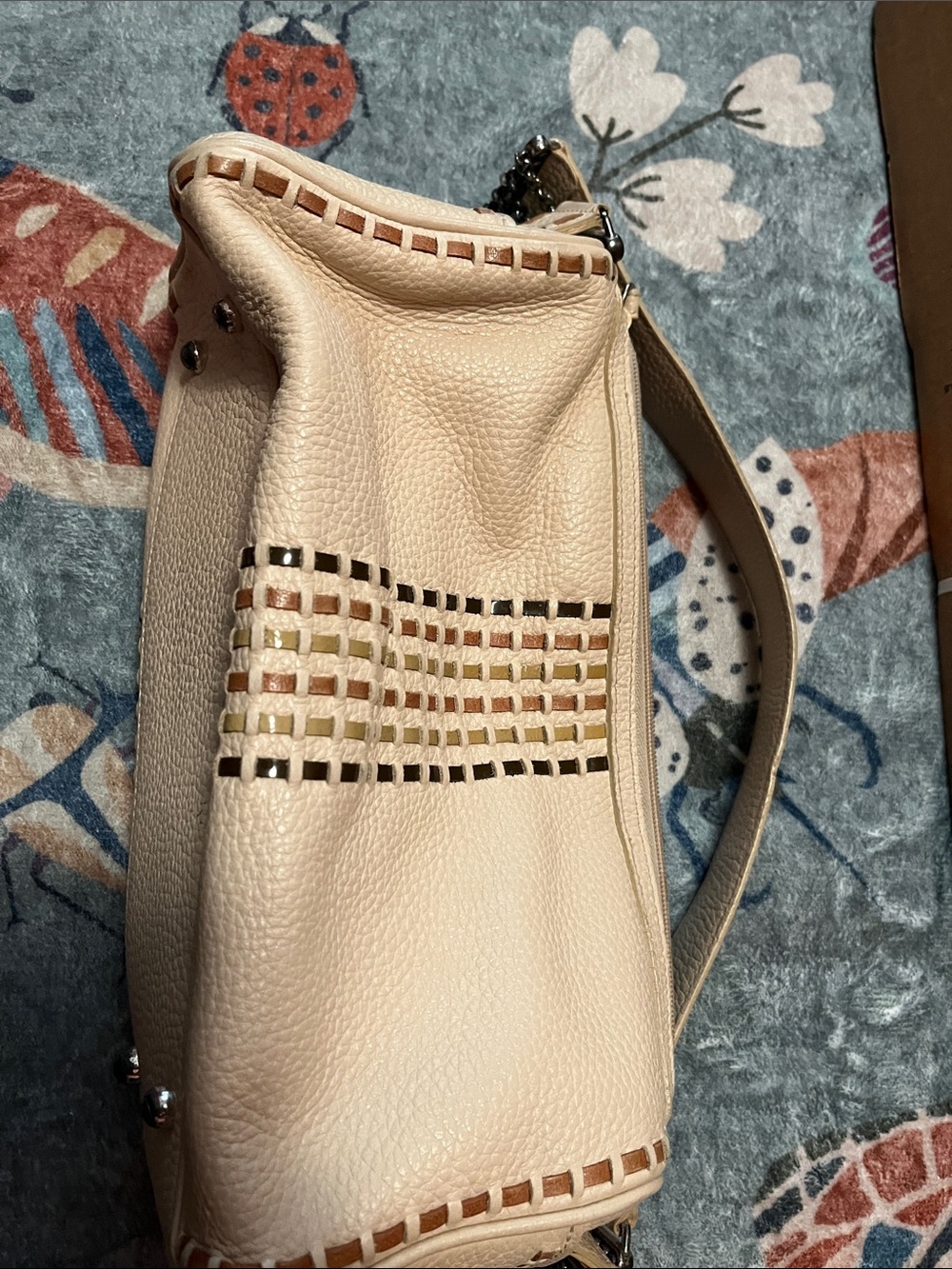 Brighton Cream Leather Shoulder Bag with Woven Multicolor Accent